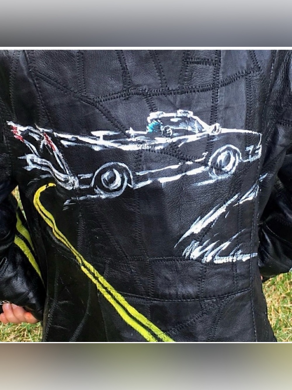 Vintage kids black leather patch zip-up jacket, yellow and white hand painted 4T